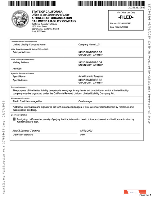 USA California articles of organization limited liability company Word and PDF template